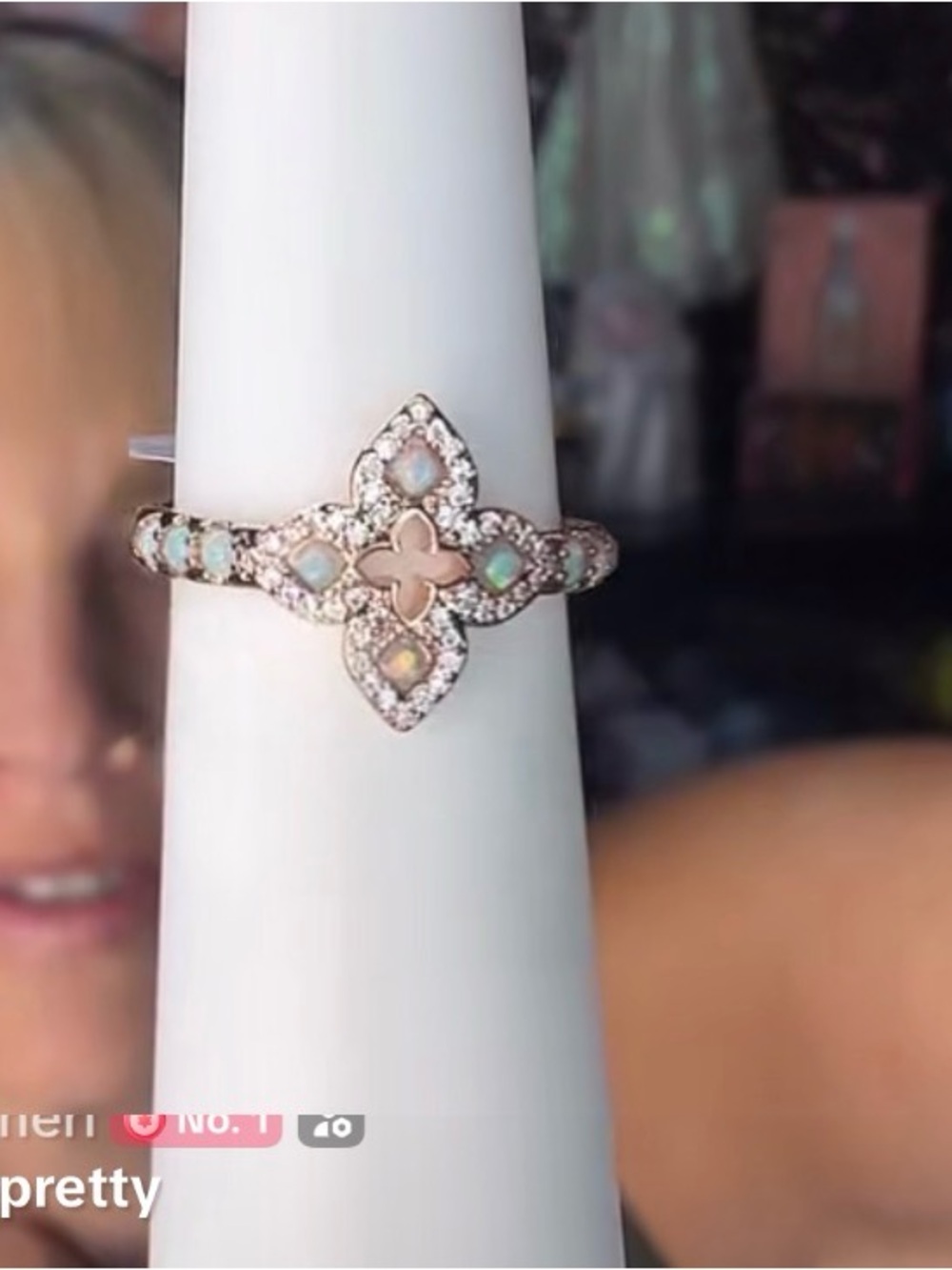 Opal and Cubic Zirconia Floral Motif Ring - White Opal